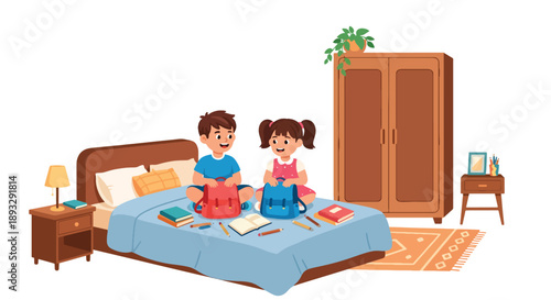 Young siblings preparing school bags together, modern flat vector promoting cooperation, organization, and learning discipline