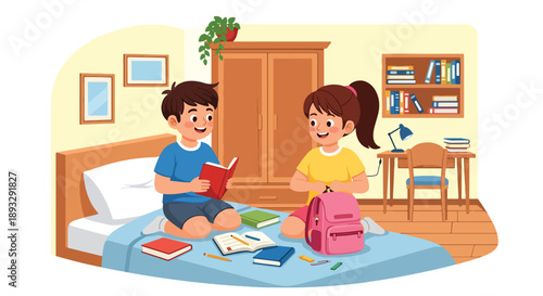 Young siblings preparing school bags together, modern flat vector promoting cooperation, organization, and learning discipline