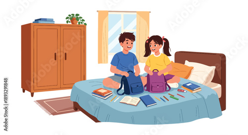 Young siblings preparing school bags together, modern flat vector promoting cooperation, organization, and learning discipline