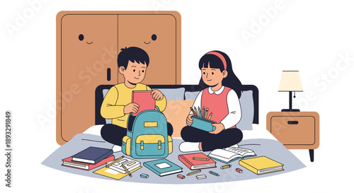 Young siblings preparing school bags together, modern flat vector promoting cooperation, organization, and learning discipline