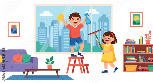 Siblings cleaning window glass together, modern flat vector illustrating teamwork and a bright, healthy home environment