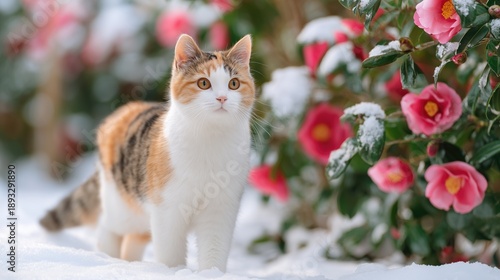 Curiosity in a serene winter scene with a calico cat standing on snow near pink camellias.
