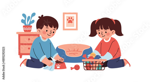 Siblings cleaning the pet area together, modern flat vector promoting teamwork, kindness, and responsibility toward animals