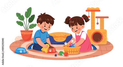 Siblings cleaning the pet area together, modern flat vector promoting teamwork, kindness, and responsibility toward animals