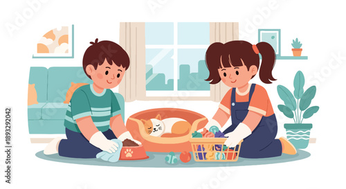 Siblings cleaning the pet area together, modern flat vector promoting teamwork, kindness, and responsibility toward animals