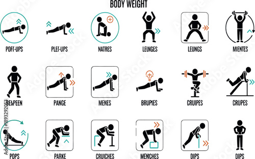 Print Comprehensive Bodyweight Workout Icon Set Featuring Training Silhouettes for Push-Ups Squats Lunges and Core Fitness Exercises