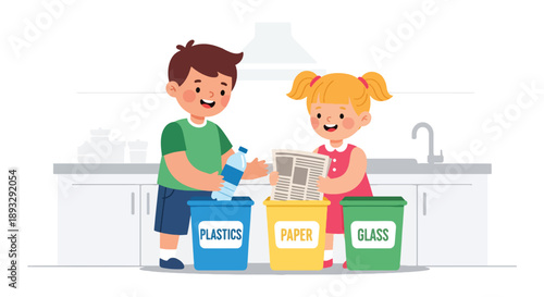 Siblings sorting recyclable waste together, modern flat vector promoting teamwork and eco-friendly responsibility at home