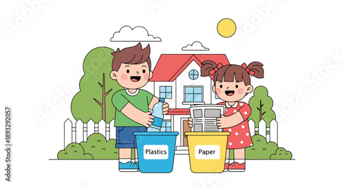 Siblings sorting recyclable waste together, modern flat vector promoting teamwork and eco-friendly responsibility at home