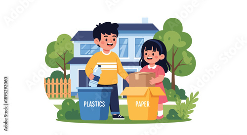 Siblings sorting recyclable waste together, modern flat vector promoting teamwork and eco-friendly responsibility at home