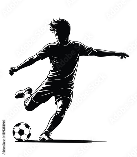 A dynamic silhouette of a male soccer player skillfully kicking a ball with intensity