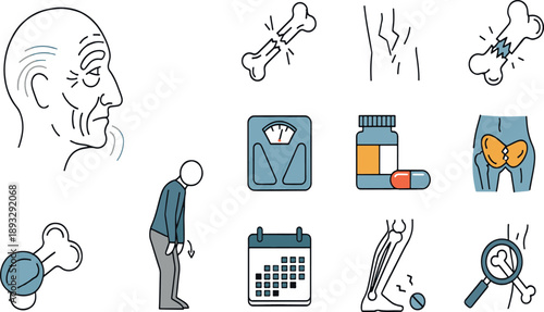 Print Elderly Healthcare Illustration Set for Osteoporosis and Aging featuring Bone Fractures Senior Health Monitoring and Medical Supplies