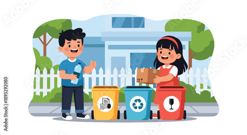 Siblings sorting recyclable waste together, modern flat vector promoting teamwork and eco-friendly responsibility at home