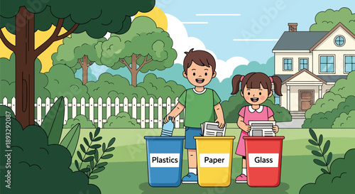 Siblings sorting recyclable waste together, modern flat vector promoting teamwork and eco-friendly responsibility at home