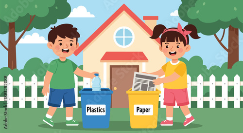 Siblings sorting recyclable waste together, modern flat vector promoting teamwork and eco-friendly responsibility at home