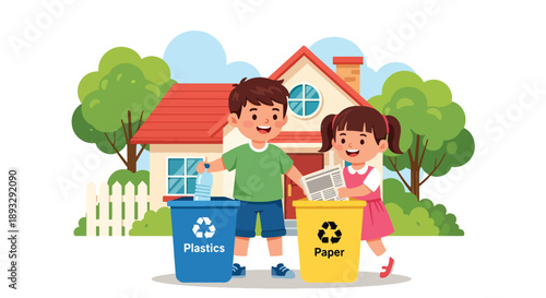 Siblings sorting recyclable waste together, modern flat vector promoting teamwork and eco-friendly responsibility at home