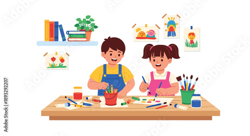 Siblings organizing art supplies together, modern flat vector illustrating teamwork and creative discipline at home