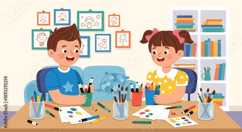 Siblings organizing art supplies together, modern flat vector illustrating teamwork and creative discipline at home