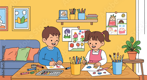 Siblings organizing art supplies together, modern flat vector illustrating teamwork and creative discipline at home