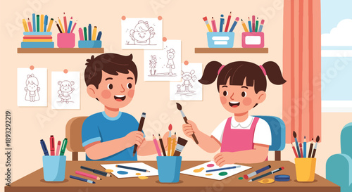 Siblings organizing art supplies together, modern flat vector illustrating teamwork and creative discipline at home