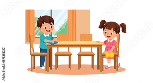 Young siblings wiping dining table and chairs together, modern flat vector showing teamwork and family care habits