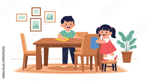 Young siblings wiping dining table and chairs together, modern flat vector showing teamwork and family care habits