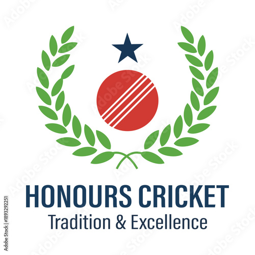 Honours Cricket Tradition & Excellence Logo - Professional Sports Branding with Red Ball, Laurel Wreath, and Star Icon for Cricket Academies and Clubs