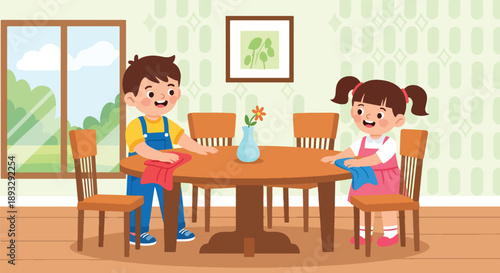 Young siblings wiping dining table and chairs together, modern flat vector showing teamwork and family care habits