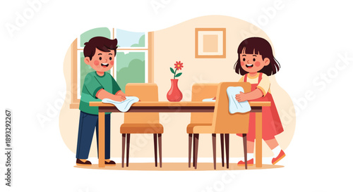 Young siblings wiping dining table and chairs together, modern flat vector showing teamwork and family care habits