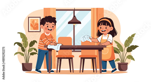 Young siblings wiping dining table and chairs together, modern flat vector showing teamwork and family care habits