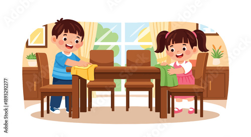 Young siblings wiping dining table and chairs together, modern flat vector showing teamwork and family care habits