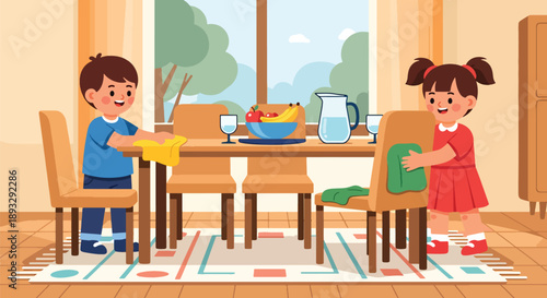 Young siblings wiping dining table and chairs together, modern flat vector showing teamwork and family care habits
