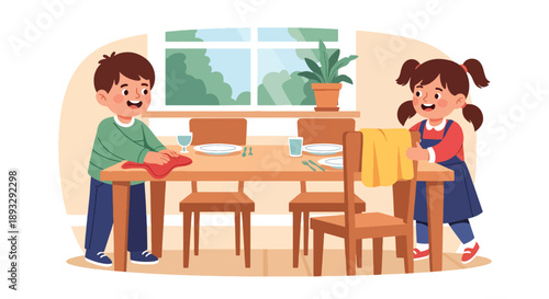Young siblings wiping dining table and chairs together, modern flat vector showing teamwork and family care habits