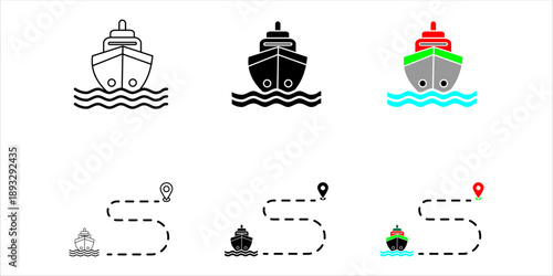 Collection of minimal line icons showing cargo ships following dotted navigation routes. Represents logistics, transportation, maritime shipping, delivery tracking, and global trade concepts for busin