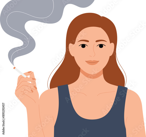 Young Woman Holding a Lit Cigarette with Rising Smoke, Concept of Tobacco Addiction, Unhealthy Lifestyle Habits, Smoking Cessation Advocacy, and Respiratory Health Awareness Vector Illustration