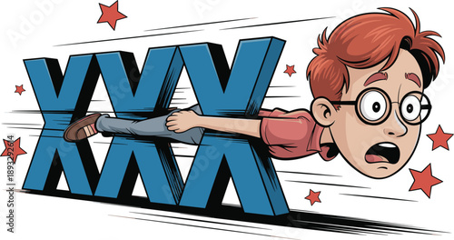 Man Being Swept Away by Massive Fast-Moving Blue XXX Symbol, Concept of Digital Information Overload, Social Media Fatigue, Online Content Anxiety, and Internet Burnout Vector Illustration