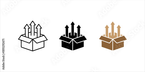 Open box line icon set. with upward arrows symbolizing expansion, growth, unpacking, and product delivery. Ideal for logistics, business, and startup concepts.