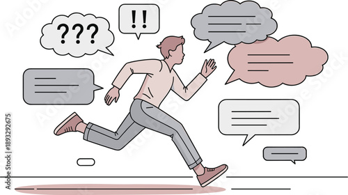 Man Running Away from Speech Bubbles and Notifications, Concept of Digital Communication Fatigue, Social Media Overload, Mental Health Awareness, and Information Burnout Vector Illustration