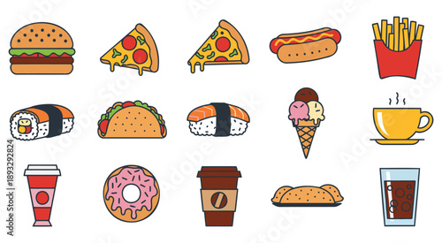 Fast food collection flat lay with burgers pizza hot dogs fries drinks and desserts