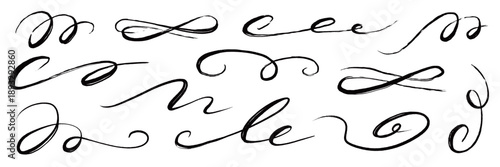 Flourish hand drawn swash line set. Flourish line calligraphy hand drawn pen ink brush thin stroke curve..Elegant vintage doodle swirl scroll underline text decoration design. Vector illustration.
