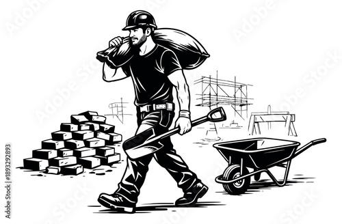 Hand drawn line art illustration of a construction worker depicting manual labor for the building industry