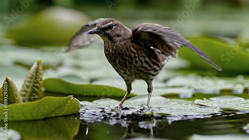 Small Brown Bird Landing on Lily Pad in Pond Water with Green Lily Pads and Soft Natural Lighting