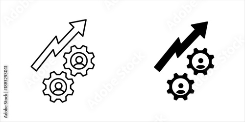 Minimal line icon set. showing upward growth arrow combined with team management gears, representing workforce performance improvement, leadership, and business growth strategy.