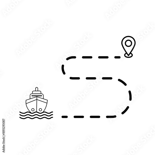Shipping route path line icon with cargo ship and location pin. Represents logistics tracking, delivery route, navigation, and transportation journey.