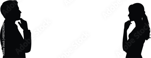 Silhouettes of a man and a woman contemplating, facing each other across a white space