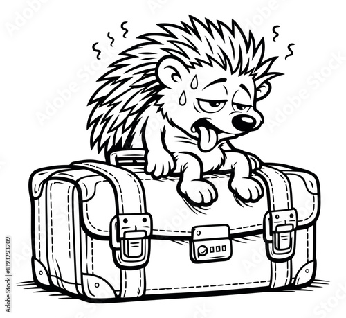 Hand drawn line art illustration of an exhausted hedgehog depicting heat and fatigue for travel