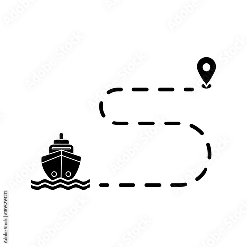 Shipping route path line icon with cargo ship and location pin. Represents logistics tracking, delivery route, navigation, and transportation journey.