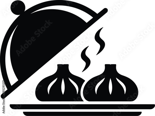 Minimalist Black Silhouette of Steaming Dumplings Under a Cloche, Concept of Gourmet Asian Dining, Luxury Food Service Icon, Fine Dining Presentation, and Premium Gastronomy Vector Illustration