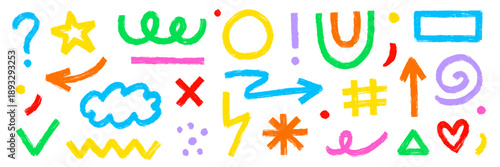 Brush stroke line abstract graphic shapes texture drawn paint set. Hand drawn sketch doodle scribble brush geometric kid color shape crayon. Abstract arrow, circle, zigzag vector illustration