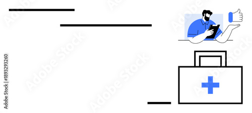 Telemedicine, healthcare access, remote consultation, online medical advice, digital health, patient care. Doctor with tablet and thumbs up next to medical kit. Telemedicine and healthcare concept