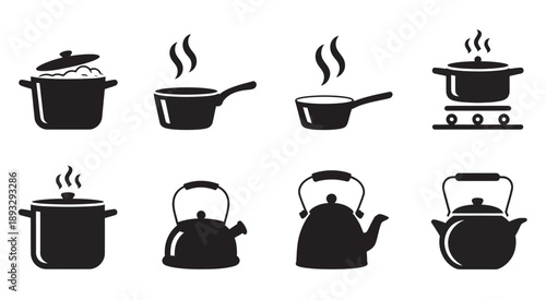 Cooking pots with steam, various styles, saucepan stockpot casserole icons, kitchen equipment set, flat vector illustration graphic design isolated objects